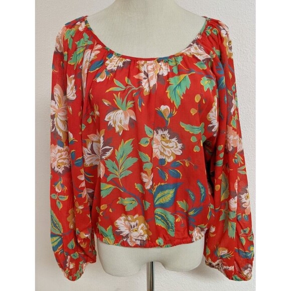 Women's Maeve Anthropologie Floral Balloon Sleeve "Lake House" Cropped Blouse SM - Picture 2 of 13